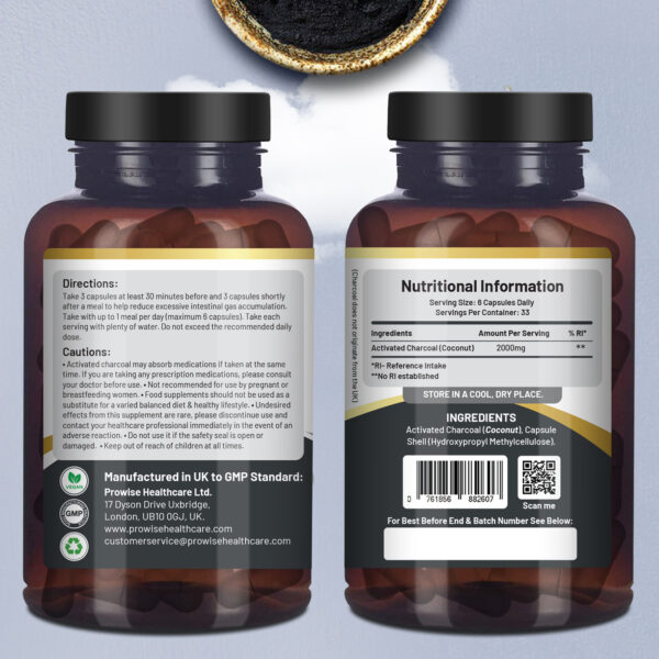 Activated Charcoal Capsules - 200 High Strength Vegan Capsules- 2000mg per serving I Made in the UK by Prowise Healthcare - Image 2