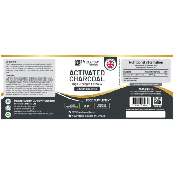 Activated Charcoal Capsules - 200 High Strength Vegan Capsules- 2000mg per serving I Made in the UK by Prowise Healthcare - Image 8