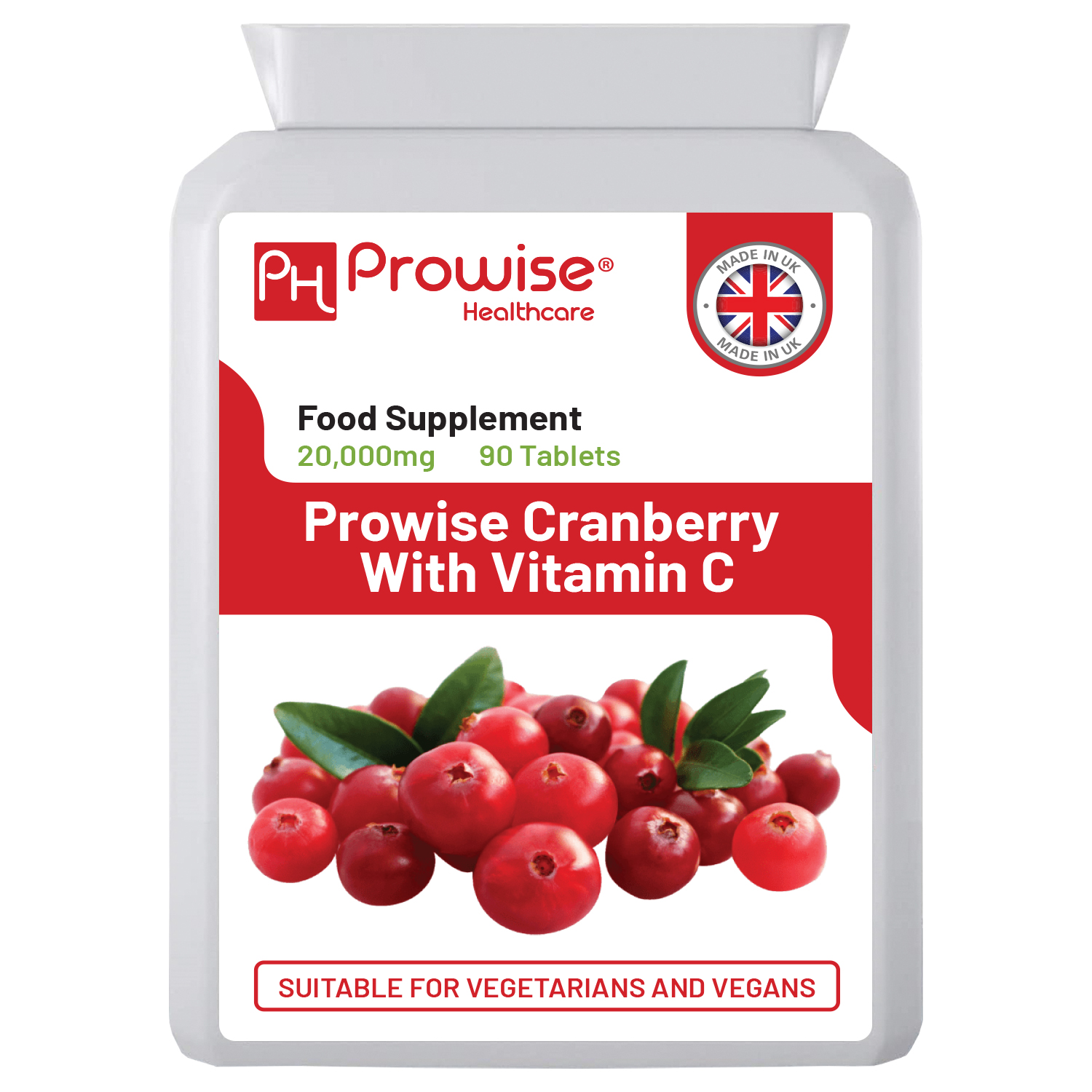 Double Strength Cranberry 20,000mg Added with Vitamin C - 90 Vegan Tablets I Easy to Swallow Tablets | GMO Free Ingredients I Made in UK by Prowise Healthcare