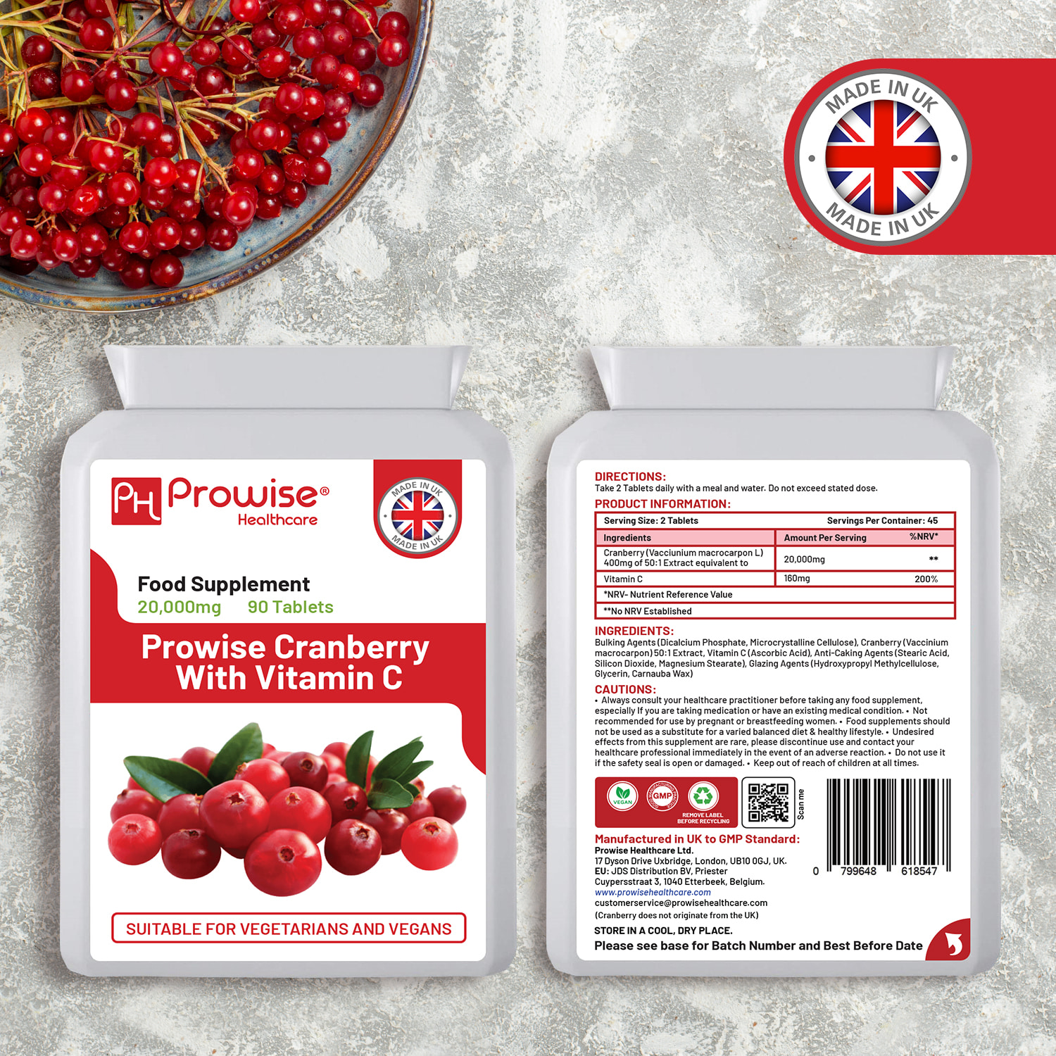 Double Strength Cranberry 20,000mg Added with Vitamin C - 90 Vegan Tablets I Easy to Swallow Tablets | GMO Free Ingredients I Made in UK by Prowise Healthcare - Image 2