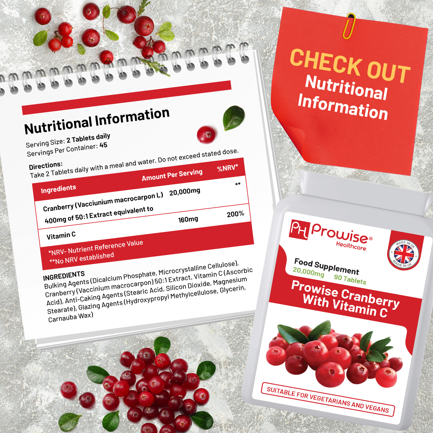 Double Strength Cranberry 20,000mg Added with Vitamin C - 90 Vegan Tablets I Easy to Swallow Tablets | GMO Free Ingredients I Made in UK by Prowise Healthcare - Image 4