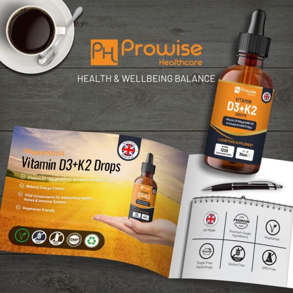 Vitamin D3 4000iu + K2 MK7 25µg I Orange Liquid Drops I High Strength 4000iu D3 + 25µg K2- 30ml Bottle I Fast Absorption I Made in UK - Image 2
