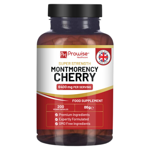 Montmorency Cherry 6400mg - 200 Tart Cherry Capsules - Natural Tart Cherry Extract Supplement for Men & Women – Super Strength, Gluten Free, Vegan and GMO Free