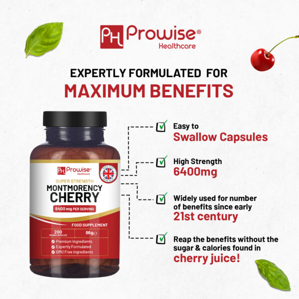 Montmorency Cherry 6400mg - 200 Tart Cherry Capsules - Natural Tart Cherry Extract Supplement for Men & Women – Super Strength, Gluten Free, Vegan and GMO Free - Image 3