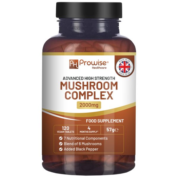 Advanced Mushroom Complex 2000mg | 6 mushrooms with Lion's Mane, Chaga, Cordyceps, Shiitake, Reishi & Maitake with Black Pepper | 120 Vegan tablets