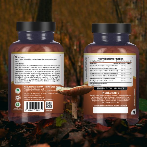 Advanced Mushroom Complex 2000mg | 6 mushrooms with Lion's Mane, Chaga, Cordyceps, Shiitake, Reishi & Maitake with Black Pepper | 120 Vegan tablets - Image 2