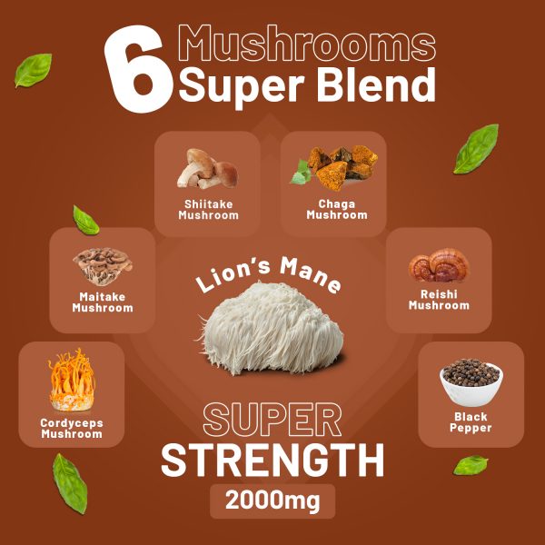 Advanced Mushroom Complex 2000mg | 6 mushrooms with Lion's Mane, Chaga, Cordyceps, Shiitake, Reishi & Maitake with Black Pepper | 120 Vegan tablets - Image 3