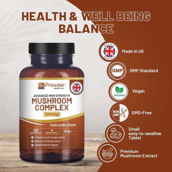 Advanced Mushroom Complex 2000mg | 6 mushrooms with Lion's Mane, Chaga, Cordyceps, Shiitake, Reishi & Maitake with Black Pepper | 120 Vegan tablets - Image 4