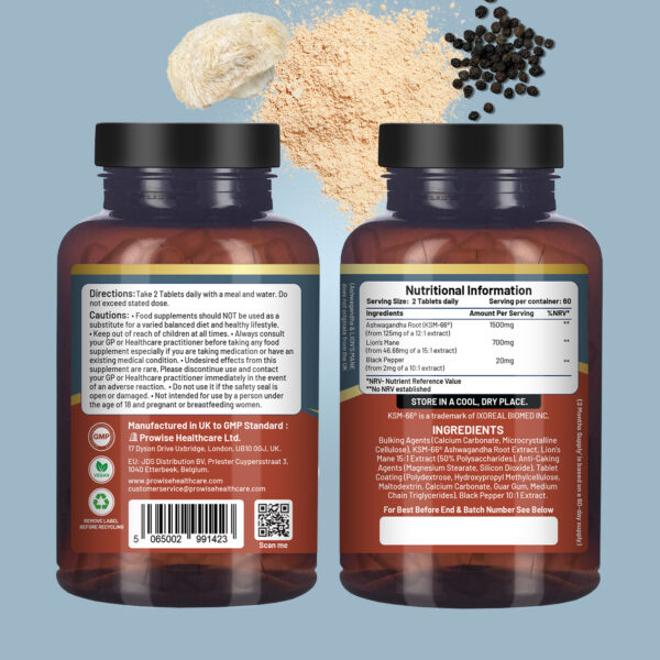 KSM-66 Ashwagandha and Lions Mane Tablets - High Strength 2200mg | KSM-66 Ashwagandha Root Extract and Lions Mane Mushroom Extract - 120 Vegan Tablets with Black Pepper - UK Made by Prowise - Image 2