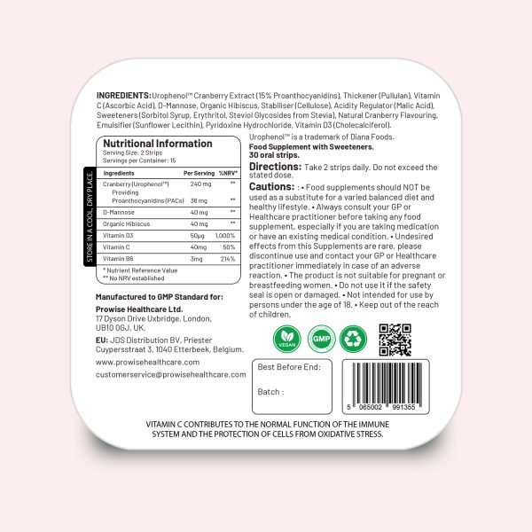 PROSTRIP®️ CRANBERRY+ Urophenol™ Providing 36 mg Proanthocyanidins (PACs) - Added with D-Mannose, Organic Hibiscus, Vitamin D3, B6 & C – 30 Oral Vegan Strips – No water Needed – by Prowise Healthcare - Image 6