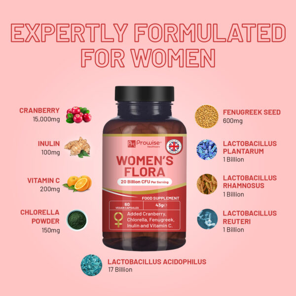 Women’s Flora 60 Capsules | Proven Intimate Flora for Women | 20 billion CFU added with 15000mg Cranberry, Vitamin C, Fenugreek, Chlorella & inulin | Bio Cultures for Women's Intimate Flora by Prowise - Image 3