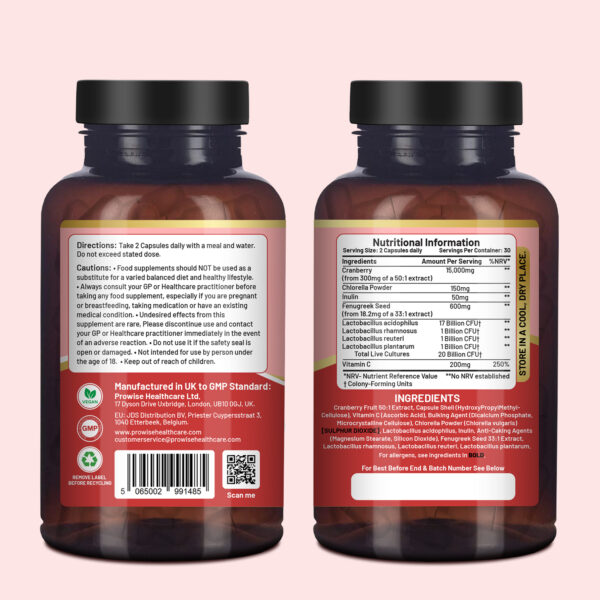 Women’s Flora 60 Capsules | Proven Intimate Flora for Women | 20 billion CFU added with 15000mg Cranberry, Vitamin C, Fenugreek, Chlorella & inulin | Bio Cultures for Women's Intimate Flora by Prowise - Image 2