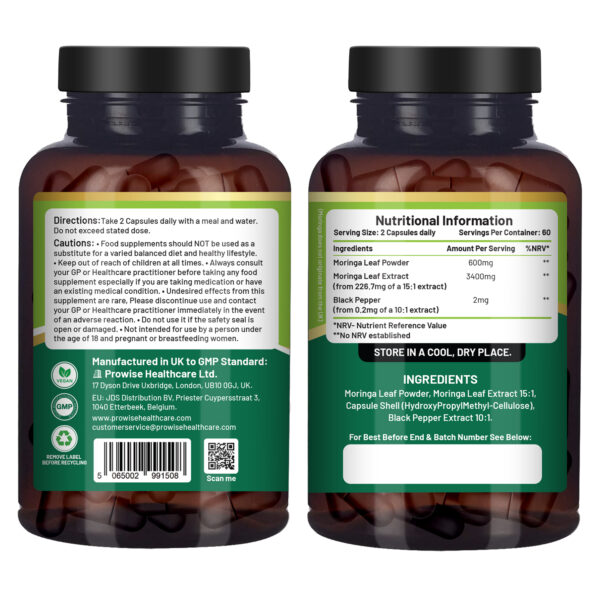 Pure Moringa Leaf 4000mg per Serving added with Black Pepper 120 Vegan Capsules | Moringa Oleifera Leaf Supplement | 100% Natural - No Synthetic Binders or Fillers | Extract & Powder combo by Prowise - Image 3