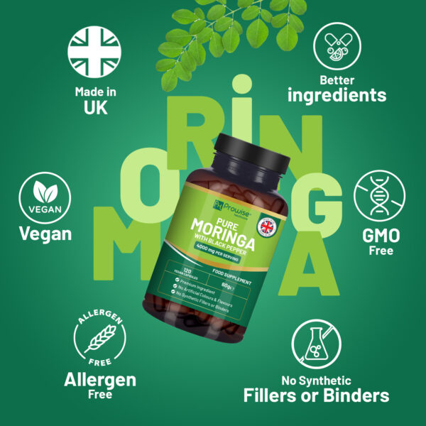 Pure Moringa Leaf 4000mg per Serving added with Black Pepper 120 Vegan Capsules | Moringa Oleifera Leaf Supplement | 100% Natural - No Synthetic Binders or Fillers | Extract & Powder combo by Prowise - Image 4