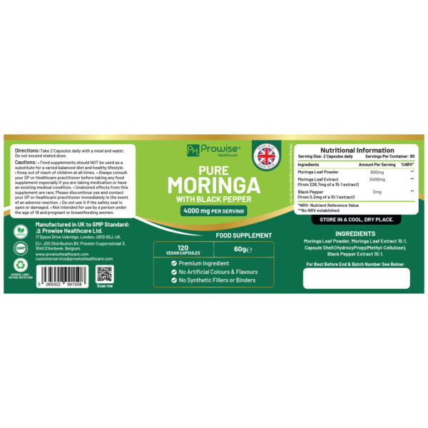 Pure Moringa Leaf 4000mg per Serving added with Black Pepper 120 Vegan Capsules | Moringa Oleifera Leaf Supplement | 100% Natural - No Synthetic Binders or Fillers | Extract & Powder combo by Prowise - Image 7