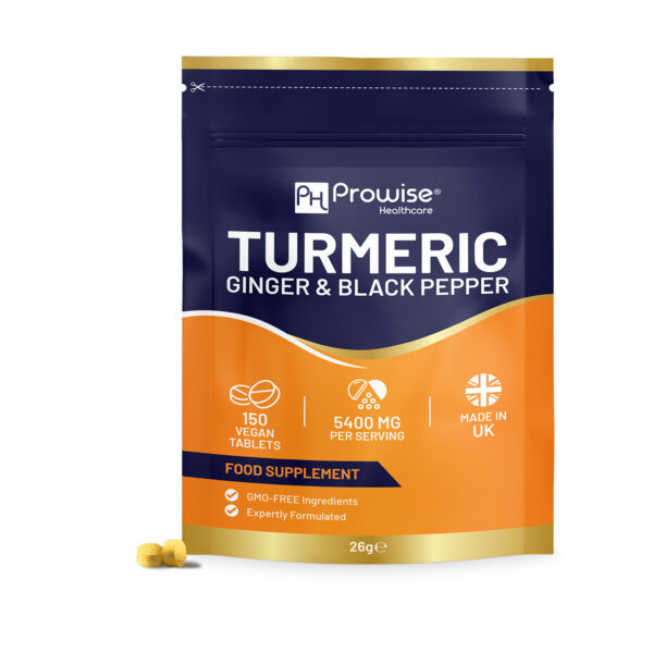 Turmeric Tablets 5400mg with Black Pepper, Ginger - High Strength Turmeric 95% Curcumin Supplements | 150 Easy Swallow Tablets (Not Capsules or Powder) - Letterbox Friendly - Made in UK – Prowise