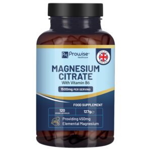 Magnesium Citrate Capsules 1500mg with Vitamin B6 | 120 Vegan Tablets | 450mg Elemental Mg | High Strength Magnesium Supplements for Women & Men | Capsules not Tablets | Made in UK by Prowise