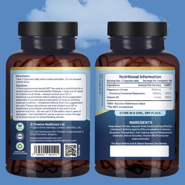 Magnesium Citrate Capsules 1500mg with Vitamin B6 | 120 Vegan Tablets | 450mg Elemental Mg | High Strength Magnesium Supplements for Women & Men | Capsules not Tablets | Made in UK by Prowise - Image 2