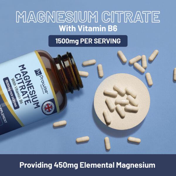 Magnesium Citrate Capsules 1500mg with Vitamin B6 | 120 Vegan Tablets | 450mg Elemental Mg | High Strength Magnesium Supplements for Women & Men | Capsules not Tablets | Made in UK by Prowise - Image 6
