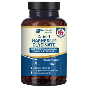 4-in-1 Magnesium Glycinate added with KSM-66 Ashwagandha, Turmeric and Vitamin B6 | 90 Vegan Capsules | 4,001 mg per serving | Easy to Swallow Capsule | GMO & Gluten Free | Premium Quality by Prowise