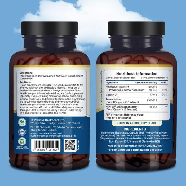 4-in-1 Magnesium Glycinate added with KSM-66 Ashwagandha, Turmeric and Vitamin B6 | 90 Vegan Capsules | 4,001 mg per serving | Easy to Swallow Capsule | GMO & Gluten Free | Premium Quality by Prowise - Image 2