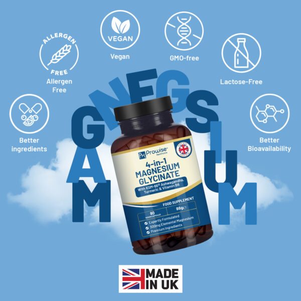 4-in-1 Magnesium Glycinate added with KSM-66 Ashwagandha, Turmeric and Vitamin B6 | 90 Vegan Capsules | 4,001 mg per serving | Easy to Swallow Capsule | GMO & Gluten Free | Premium Quality by Prowise - Image 3