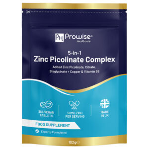 5-in-1 Zinc Picolinate Complex 50 mg | 365 Vegan High Strength Tablets Added with Copper and Vitamin B6 | 6 Months’ Supply | Support Immune System, Bone Health and Fertility | Made in UK by Prowise