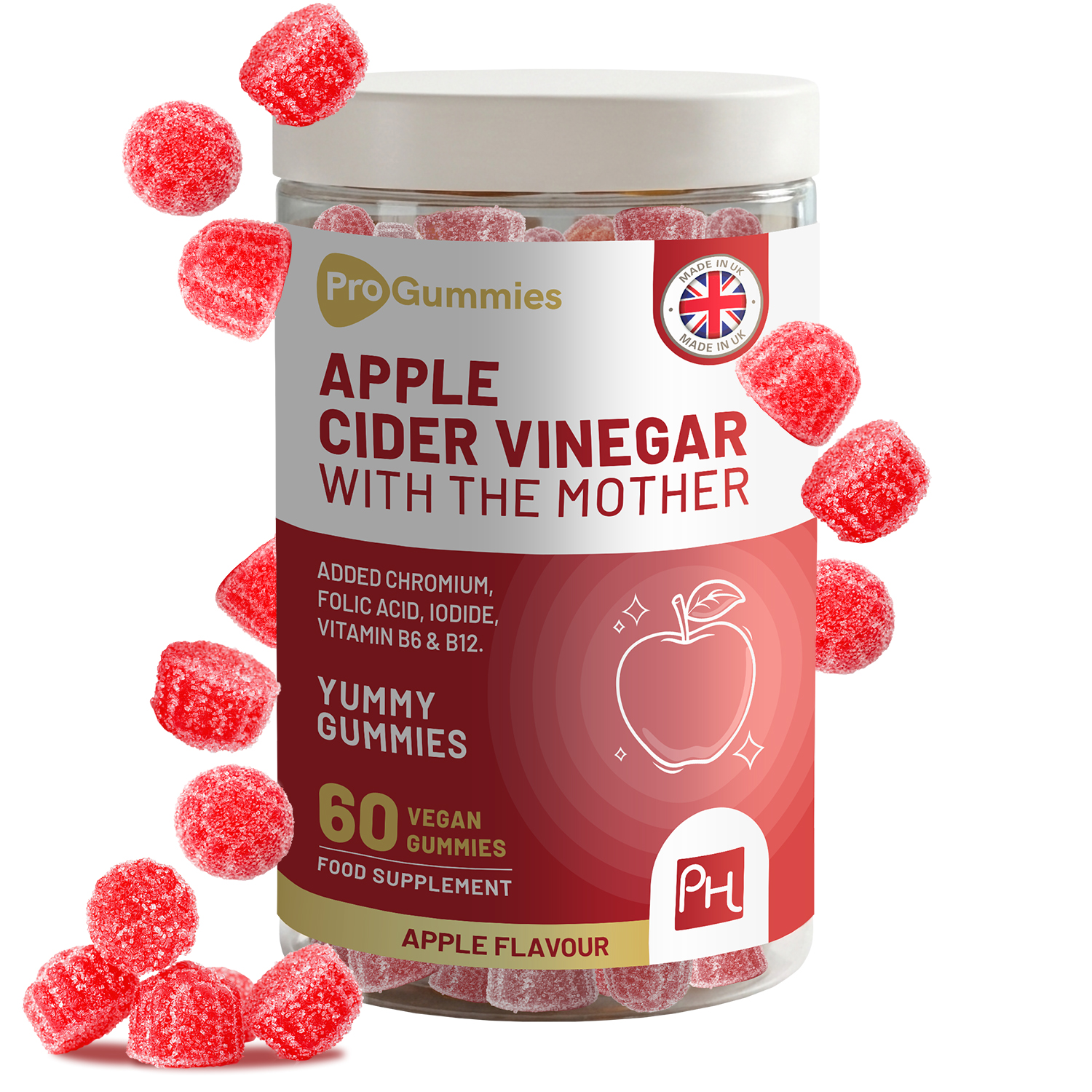 Apple Cider Vinegar Gummies with The Mother 1000mg | Enhanced with Vitamin B12, Vitamin B6, Folic Acid, Chromium, Iodine | 60 Vegan ACV Gummies (not Capsule) | Apple Flavours | Made in UK by Prowise - Image 2