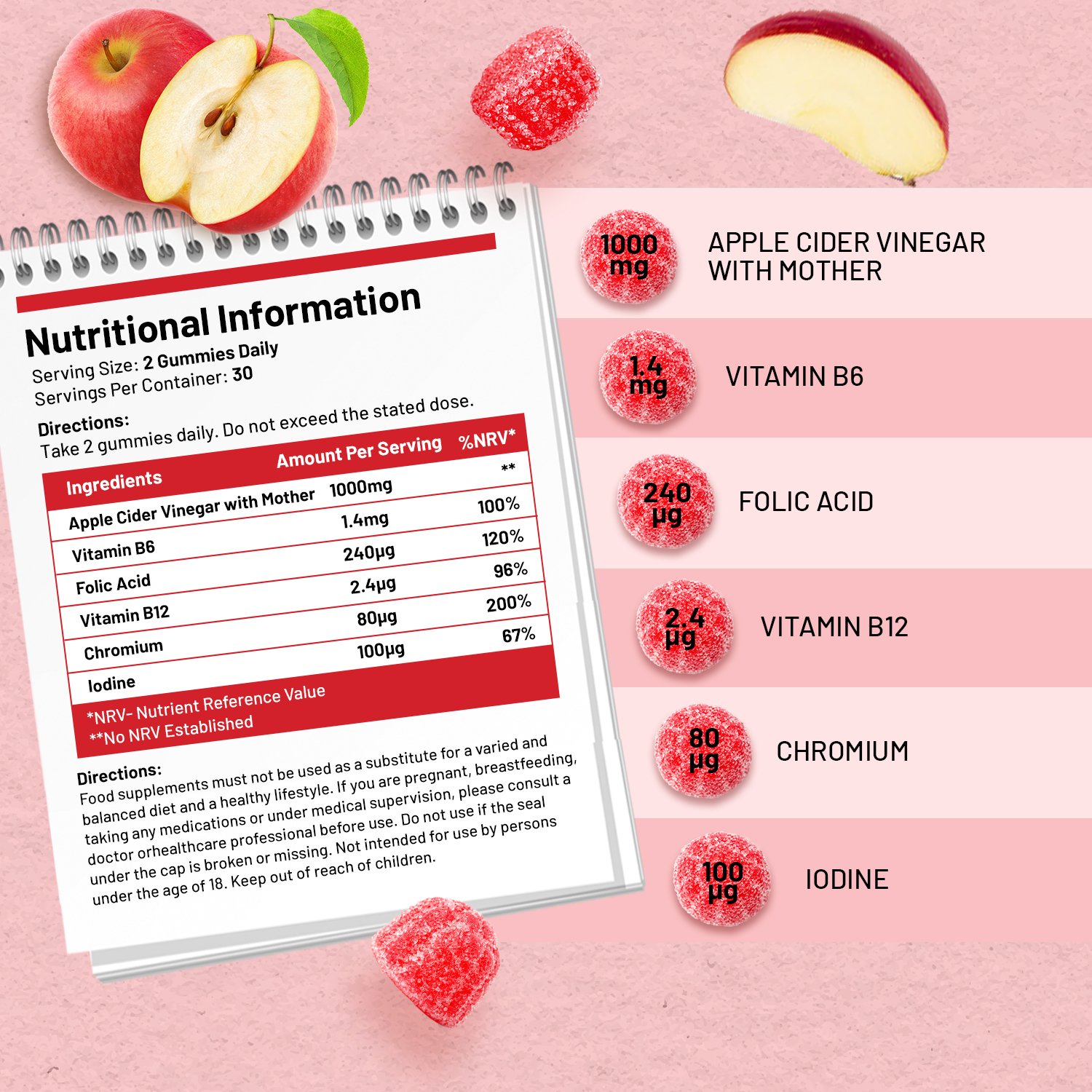 Apple Cider Vinegar Gummies with The Mother 1000mg | Enhanced with Vitamin B12, Vitamin B6, Folic Acid, Chromium, Iodine | 60 Vegan ACV Gummies (not Capsule) | Apple Flavours | Made in UK by Prowise - Image 3