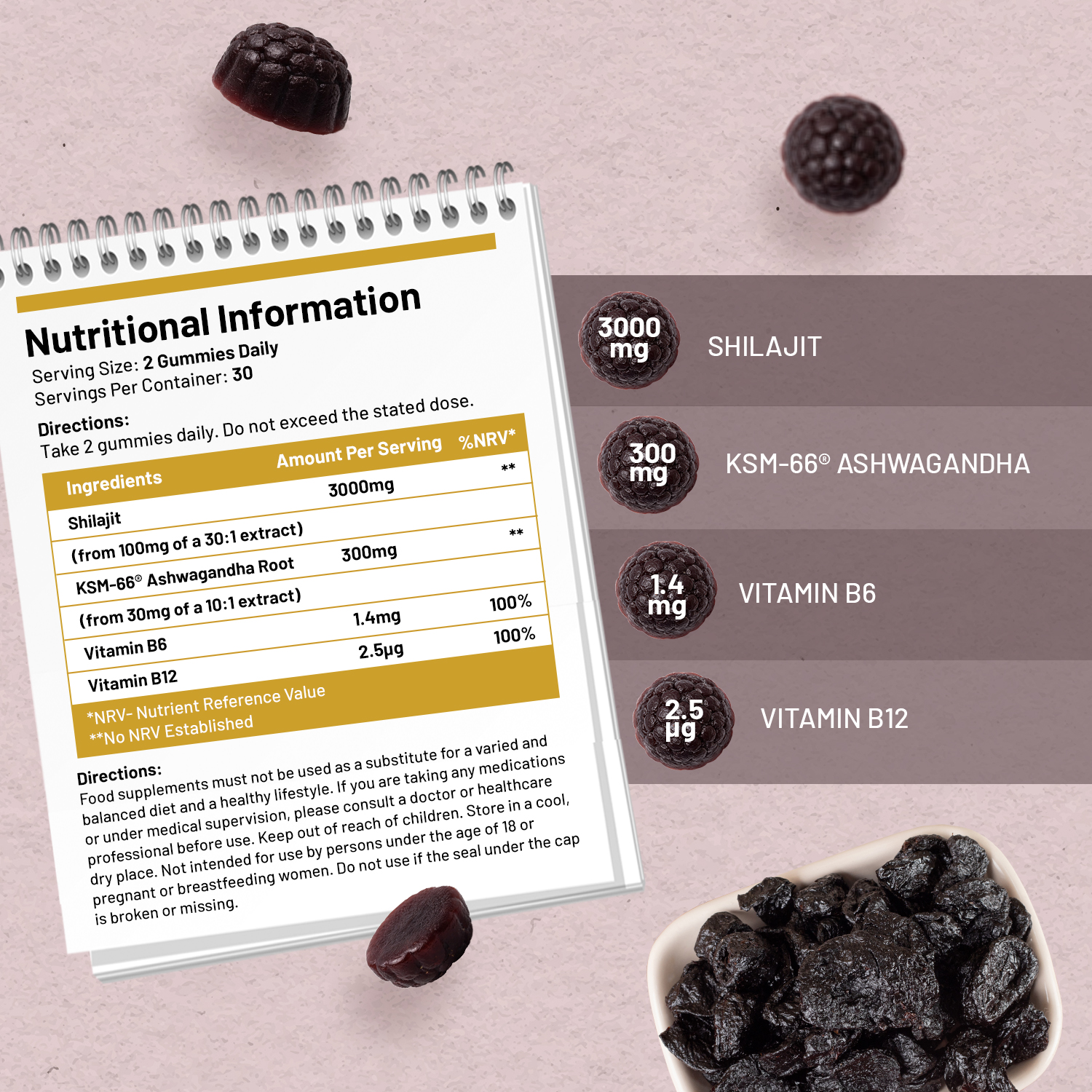 Himalayan Shilajit Gummies 3000mg with KSM-66 Ashwagandha, Vitamin B6 & B12 – 60 Vegan Gummies – Energy & Vitality Support for Men & Women – Blackcurrant Flavour – Prowise - Image 3