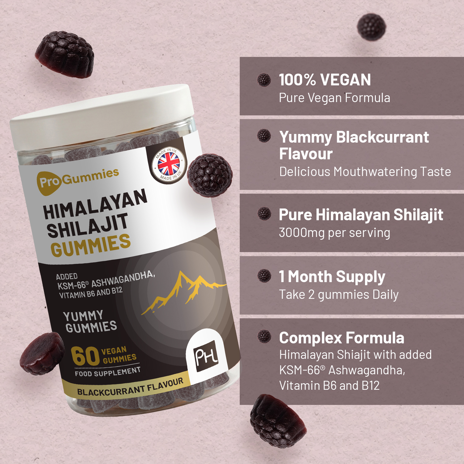 Himalayan Shilajit Gummies 3000mg with KSM-66 Ashwagandha, Vitamin B6 & B12 – 60 Vegan Gummies – Energy & Vitality Support for Men & Women – Blackcurrant Flavour – Prowise - Image 4