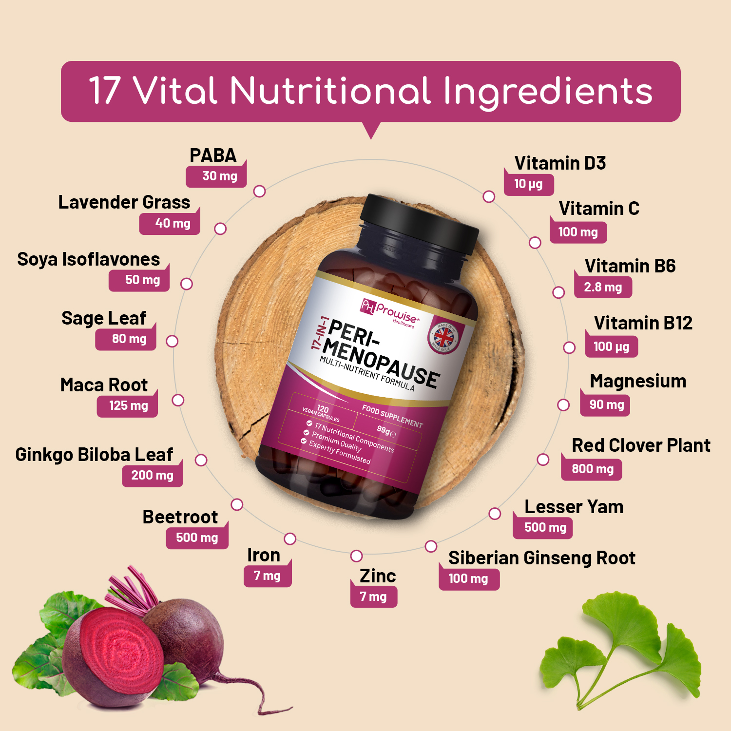 Perimenopause Supplements for Women added Red Clover, Sage Leaf, Lesser Yam, Maca Root, Siberian Ginseng Root and 12 other active ingredients | 120 Vegan Capsules | Made in UK by Prowise - Image 3