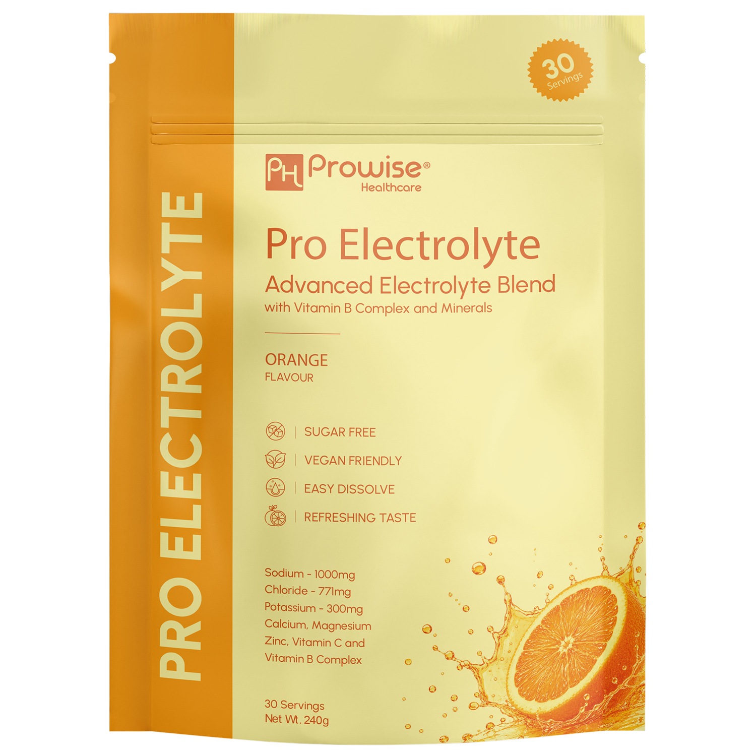 Pro Electrolyte Orange Flavour 30 Servings | Advanced Electrolyte Blend with Vitamin B Complex, Sodium, Chloride, Potassium, Calcium, Magnesium, Zinc & Vitamin C Made in UK by Prowise
