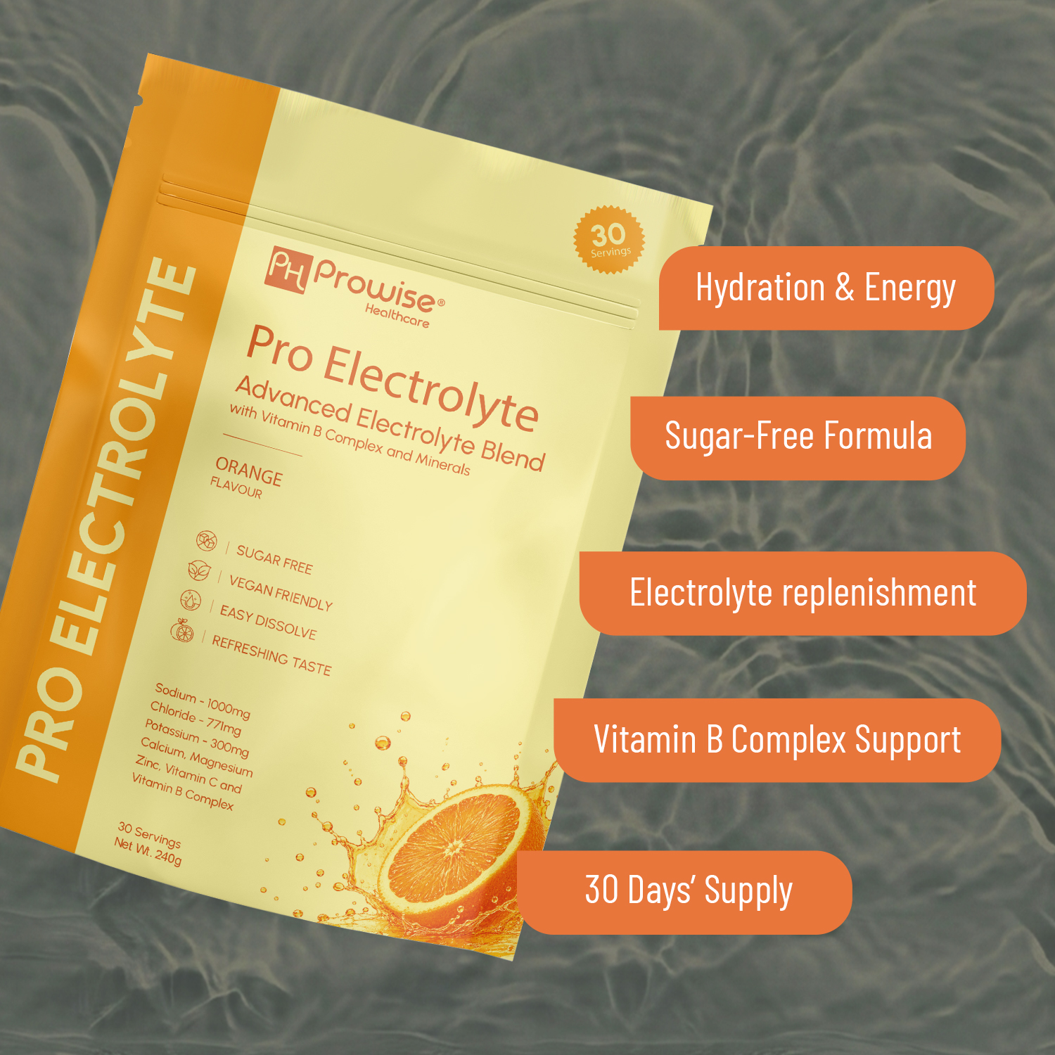 Pro Electrolyte Orange Flavour 30 Servings | Advanced Electrolyte Blend with Vitamin B Complex, Sodium, Chloride, Potassium, Calcium, Magnesium, Zinc & Vitamin C Made in UK by Prowise - Image 3